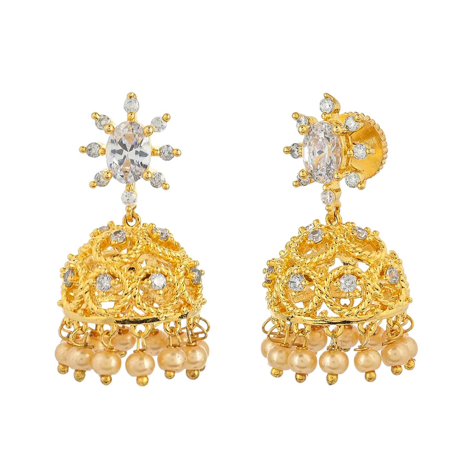 CZ Traditional Gold Plated White Jhumka Earrings - Image 4