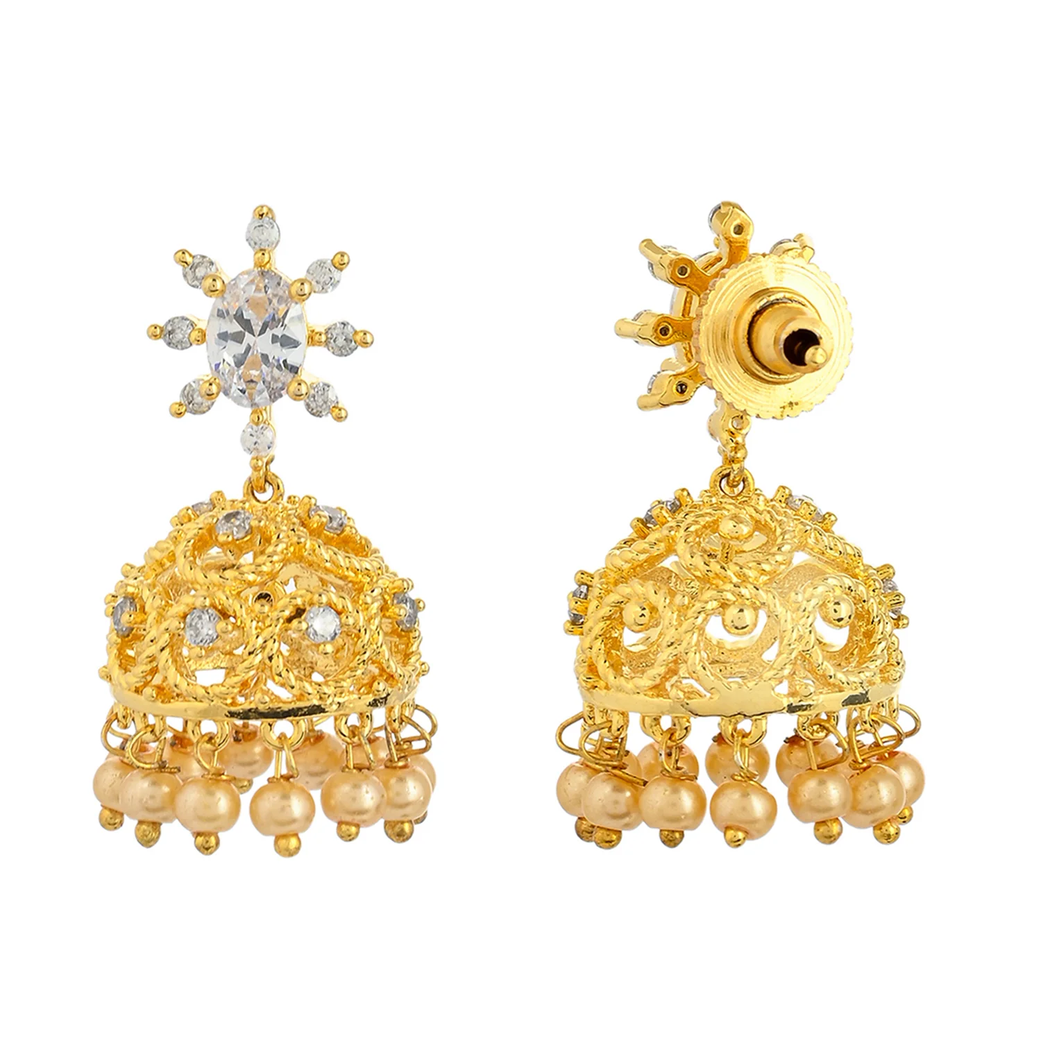 CZ Traditional Gold Plated White Jhumka Earrings - Image 5