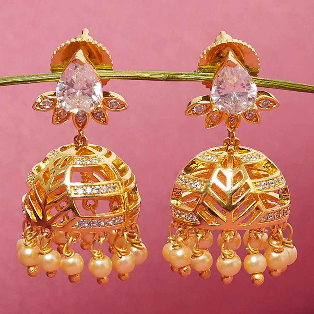 American Diamond CZ Traditional Gold Plated White Brass Jhumka Earrings for Women