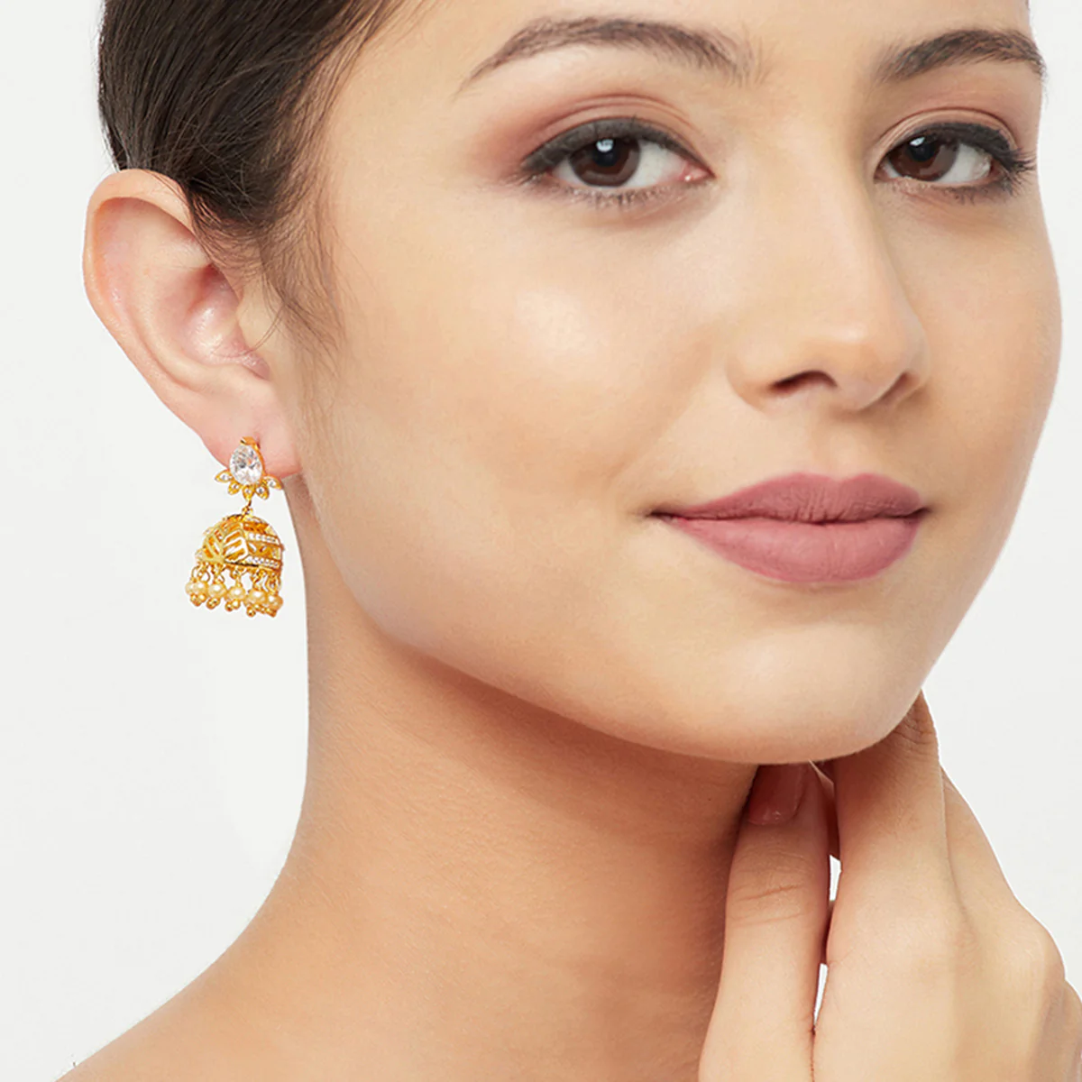 American Diamond CZ Traditional Gold Plated White Brass Jhumka Earrings for Women - Image 2