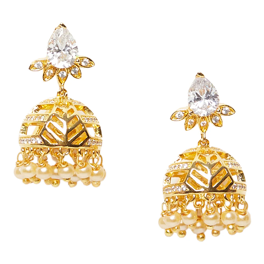 American Diamond CZ Traditional Gold Plated White Brass Jhumka Earrings for Women - Image 3