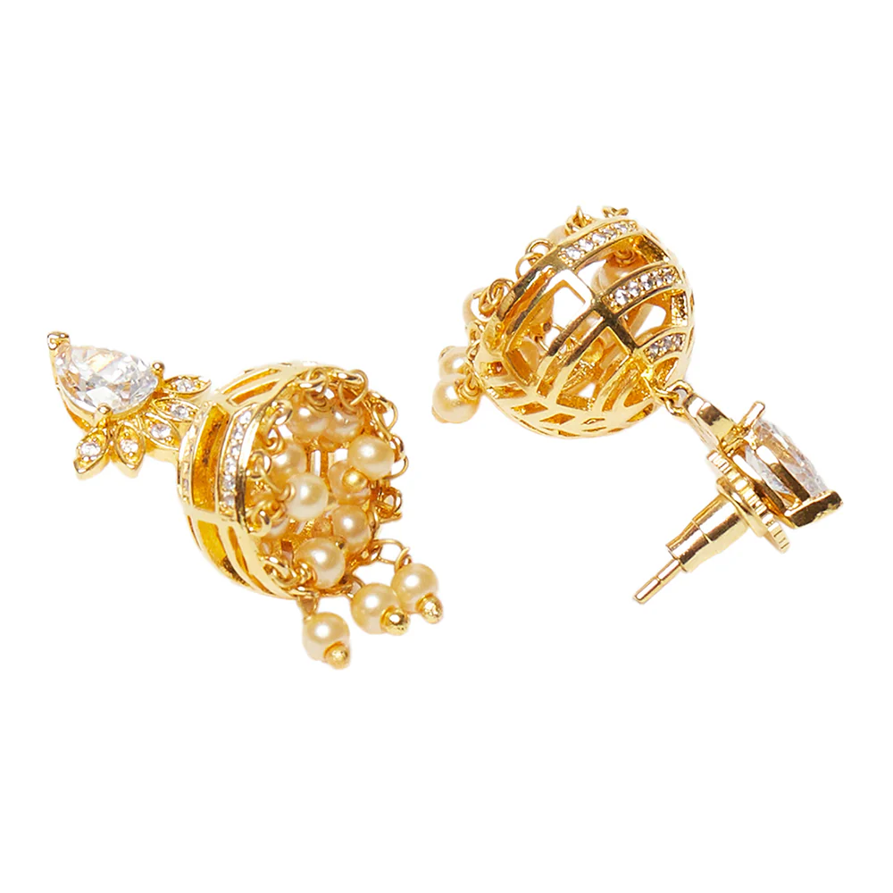 American Diamond CZ Traditional Gold Plated White Brass Jhumka Earrings for Women - Image 4