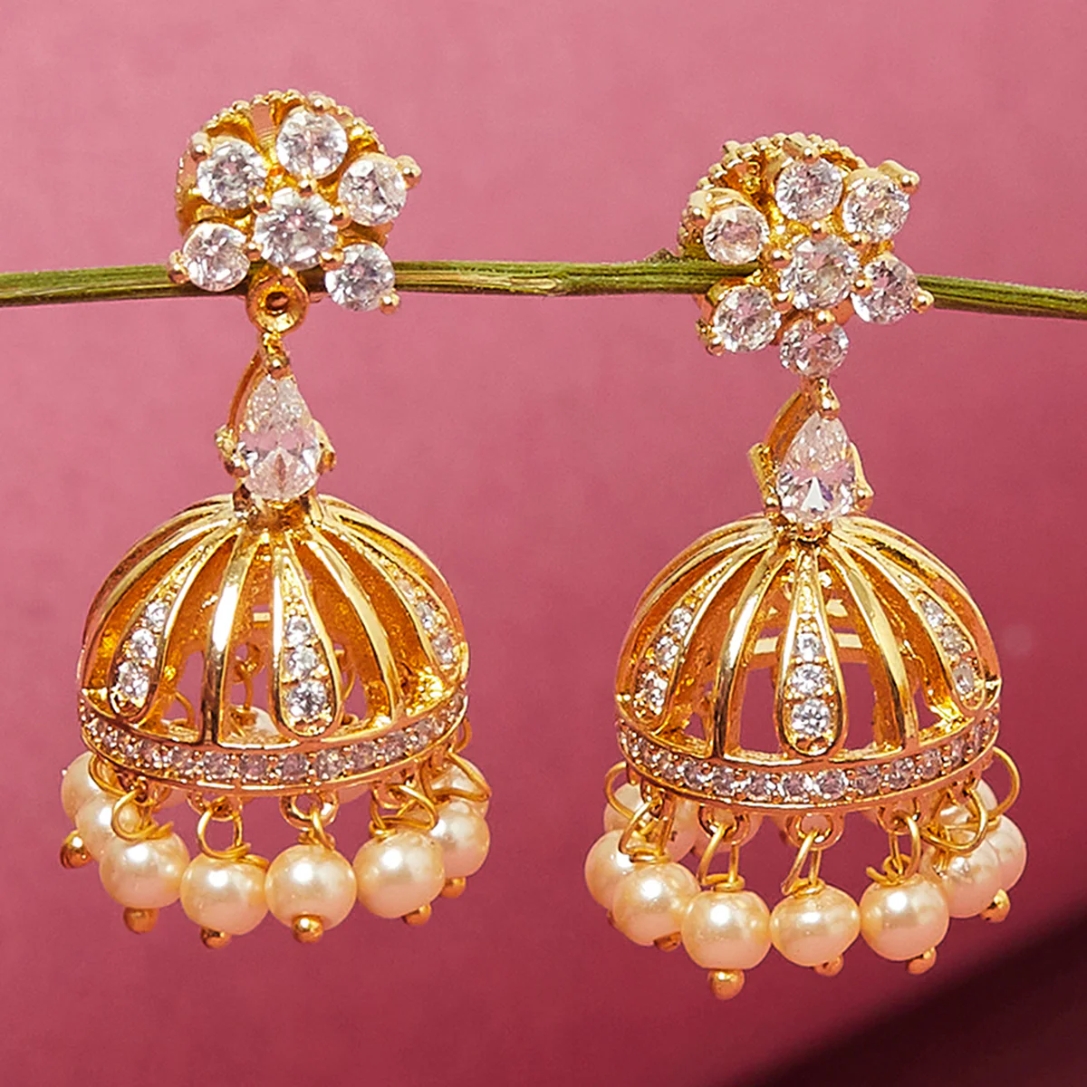 CZ Traditional Gold Plated White Jhumka Earrings