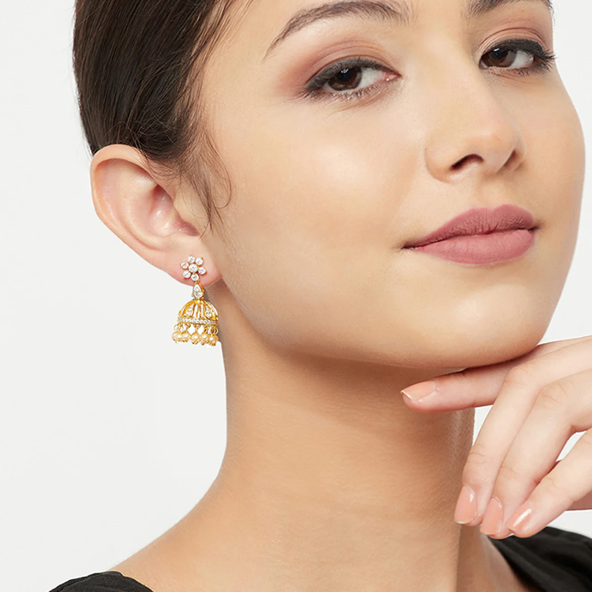 CZ Traditional Gold Plated White Jhumka Earrings - Image 2