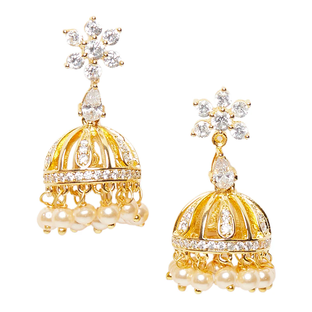 CZ Traditional Gold Plated White Jhumka Earrings - Image 3