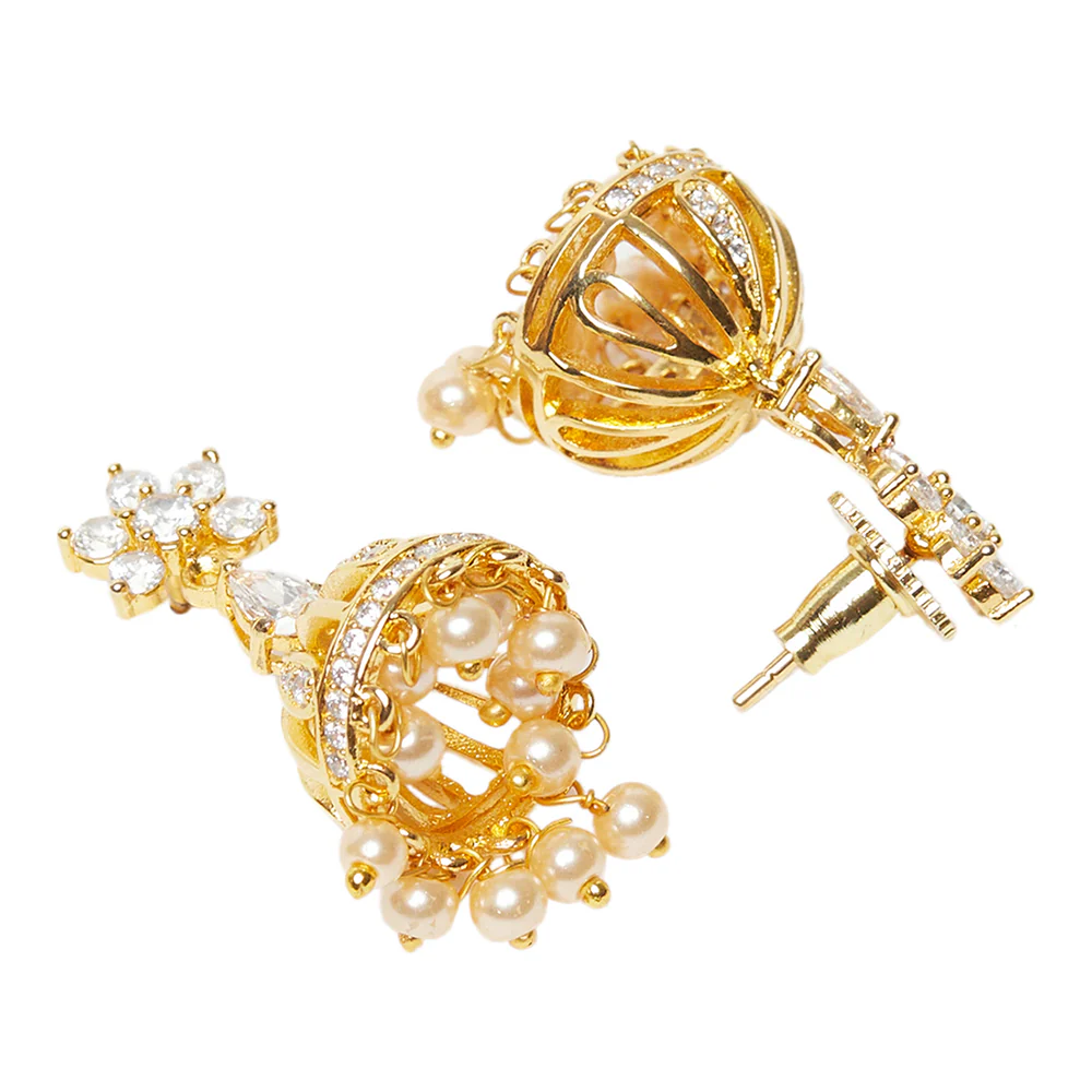 CZ Traditional Gold Plated White Jhumka Earrings - Image 4