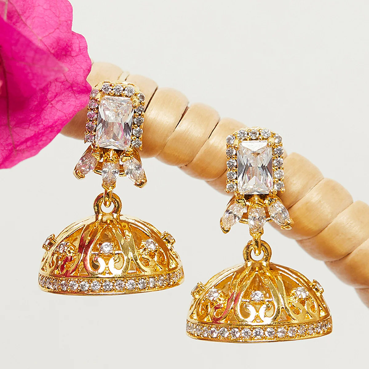 American Diamond CZ Traditional Gold Plated White Brass Jhumka Earrings for Women