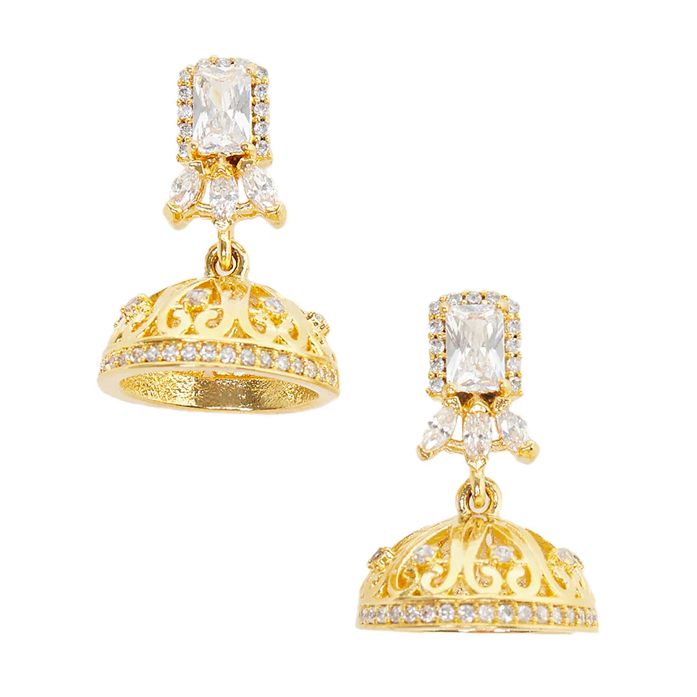 American Diamond CZ Traditional Gold Plated White Brass Jhumka Earrings for Women - Image 3