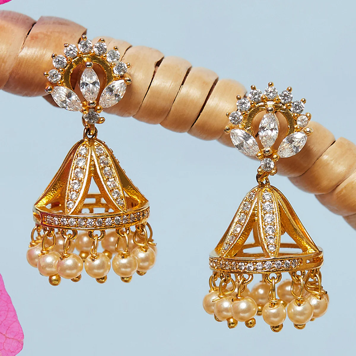 American Diamond CZ Traditional Gold Plated White Brass Jhumka Earrings for Women