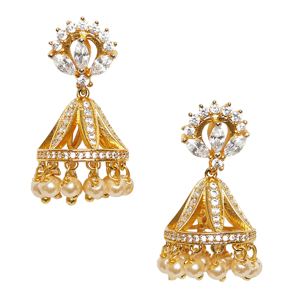 American Diamond CZ Traditional Gold Plated White Brass Jhumka Earrings for Women - Image 3