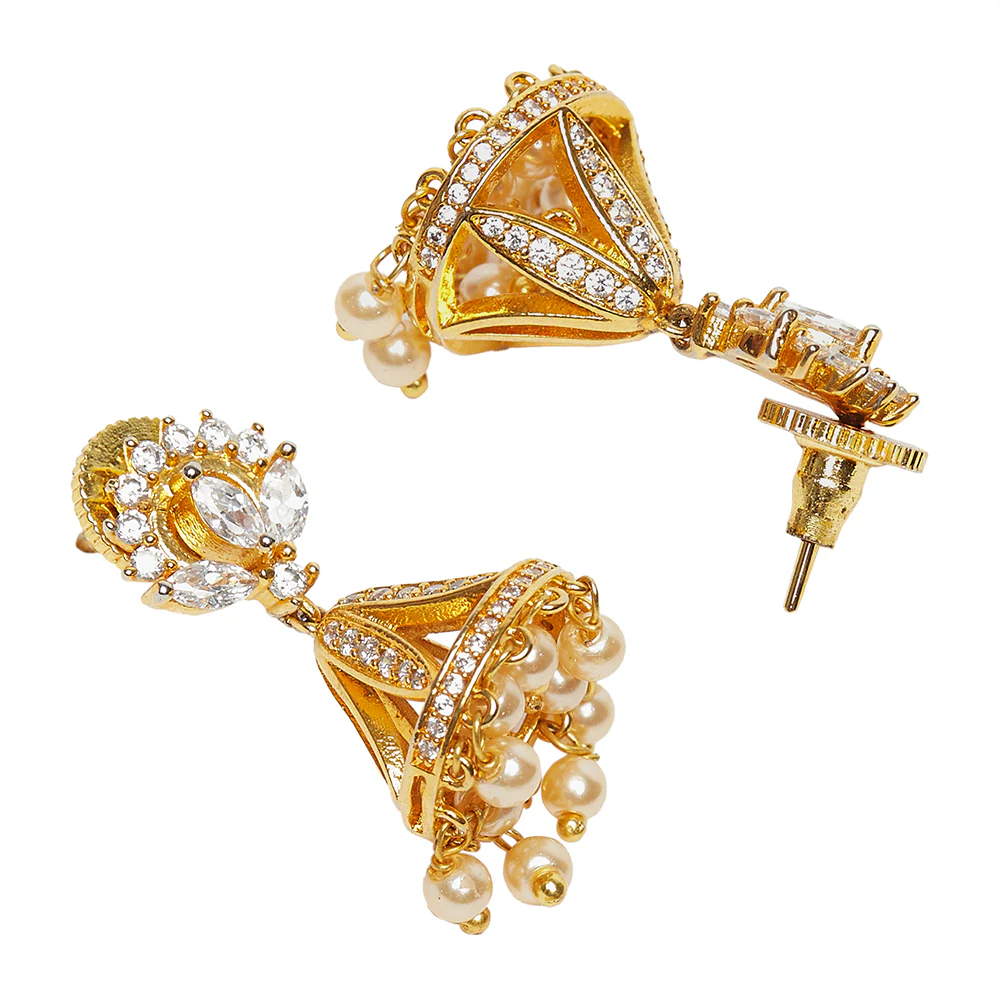 American Diamond CZ Traditional Gold Plated White Brass Jhumka Earrings for Women - Image 4