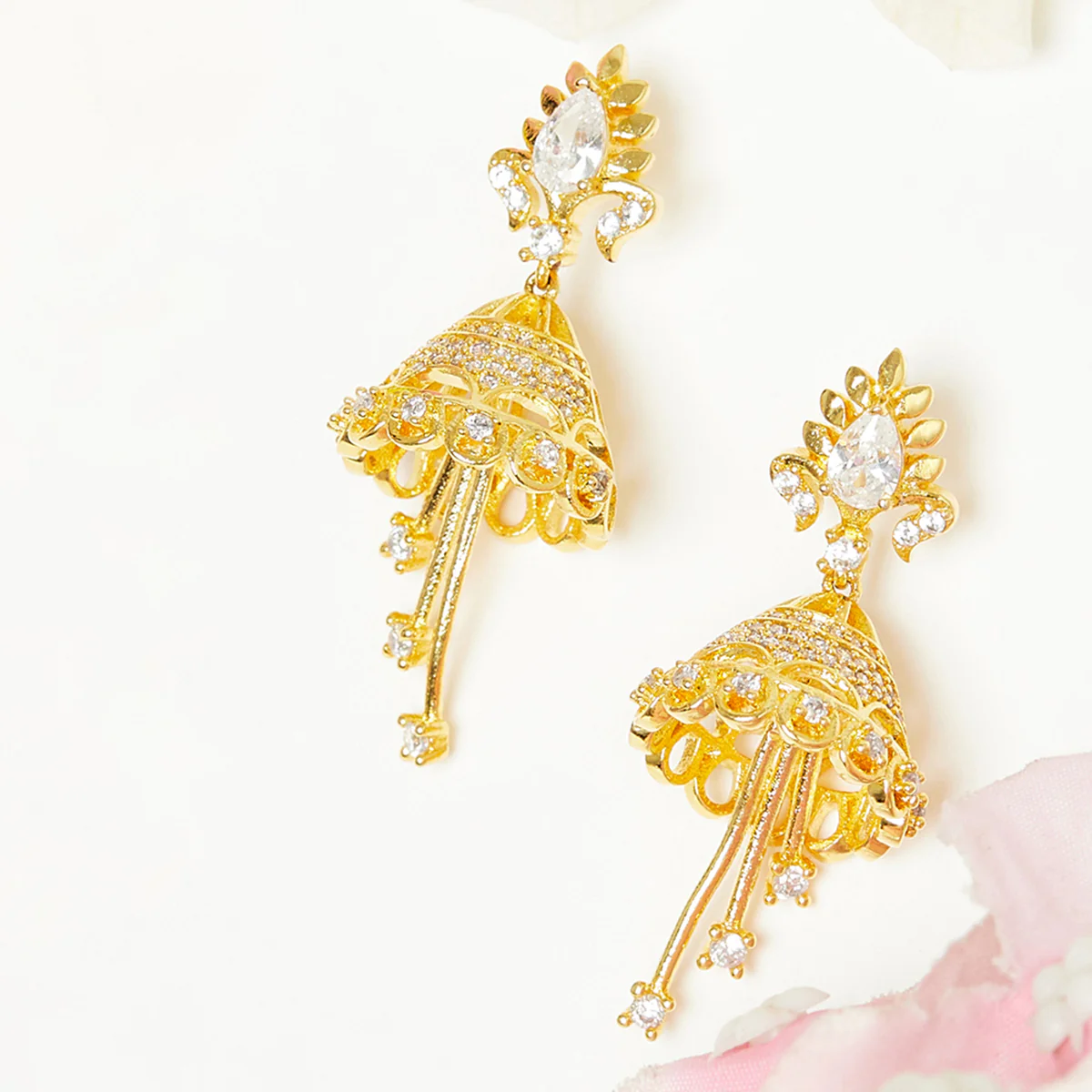 American Diamond CZ Traditional Gold Plated White Brass Jhumka Earrings for Women