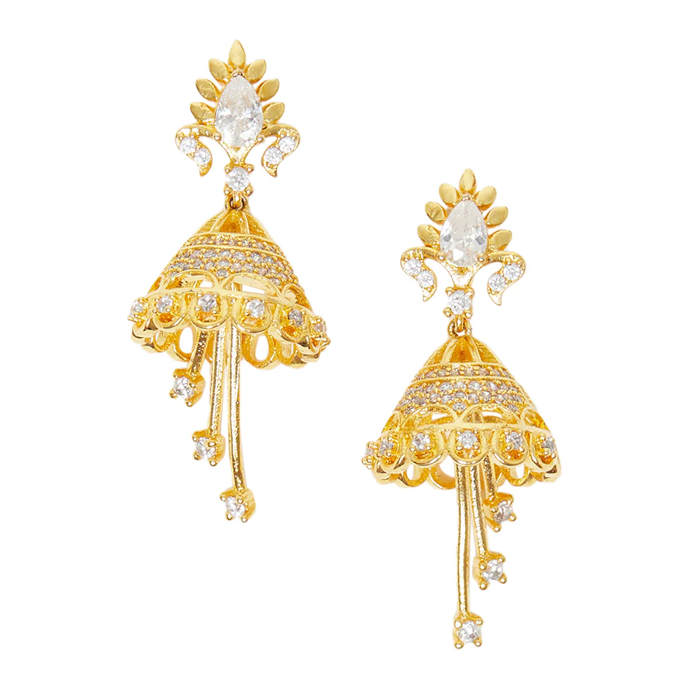 American Diamond CZ Traditional Gold Plated White Brass Jhumka Earrings for Women - Image 3
