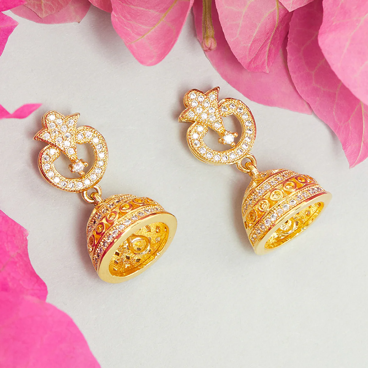 CZ Traditional Gold Plated White Jhumka Earrings