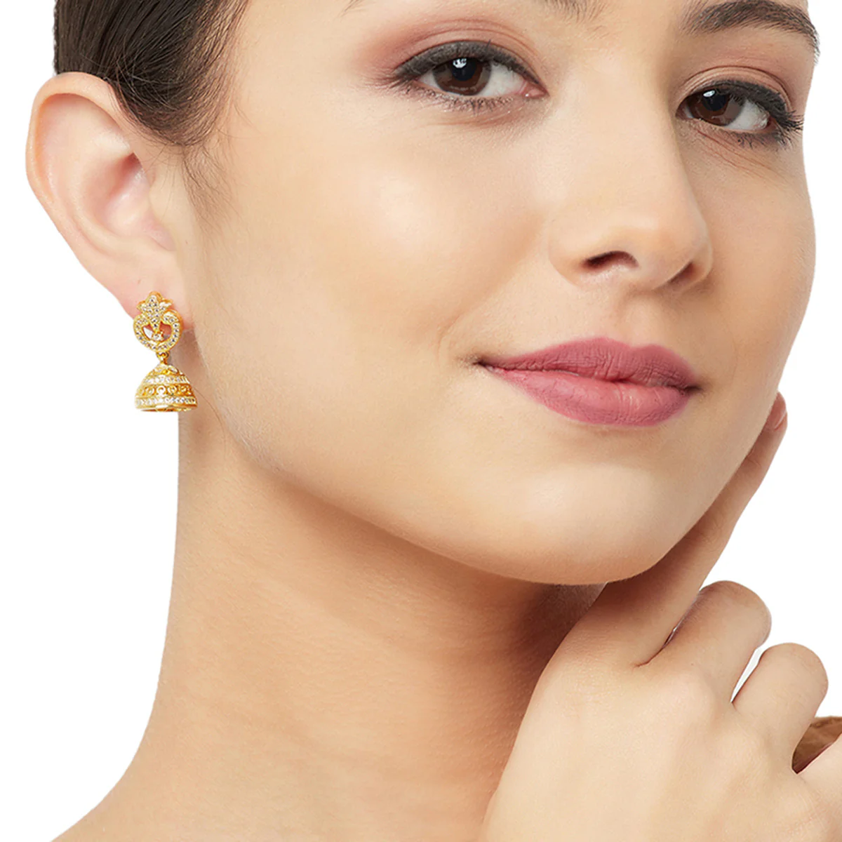 CZ Traditional Gold Plated White Jhumka Earrings - Image 2