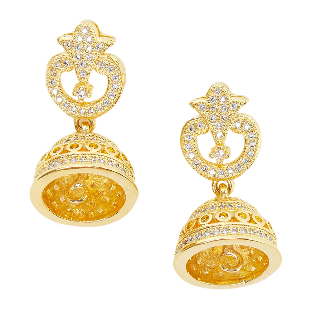 CZ Traditional Gold Plated White Jhumka Earrings - Image 3
