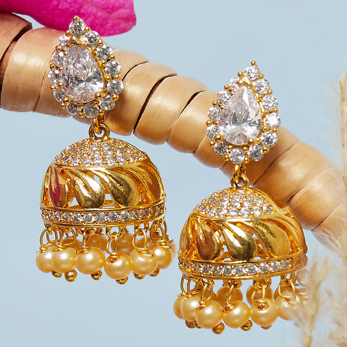 American Diamond CZ Traditional Gold Plated White Brass Jhumka Earrings for Women