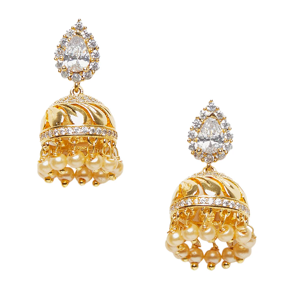 American Diamond CZ Traditional Gold Plated White Brass Jhumka Earrings for Women - Image 3