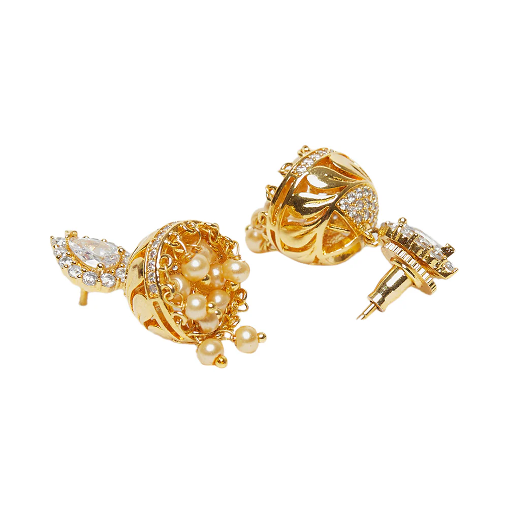 American Diamond CZ Traditional Gold Plated White Brass Jhumka Earrings for Women - Image 4