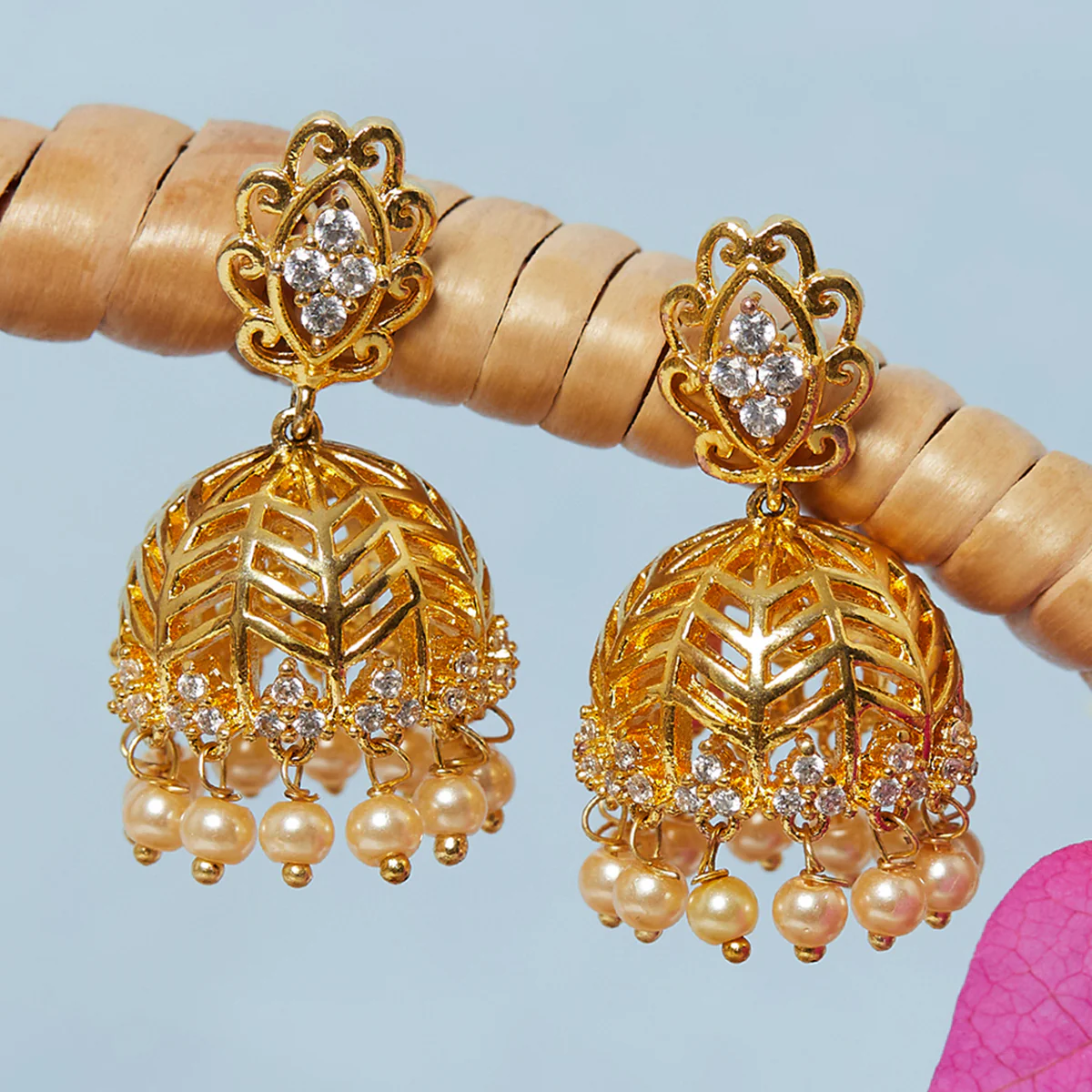American Diamond CZ Traditional Gold Plated White Brass Jhumka Earrings for Women