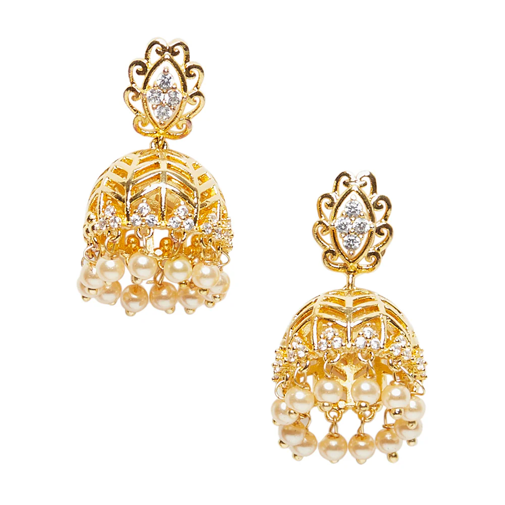 American Diamond CZ Traditional Gold Plated White Brass Jhumka Earrings for Women - Image 3