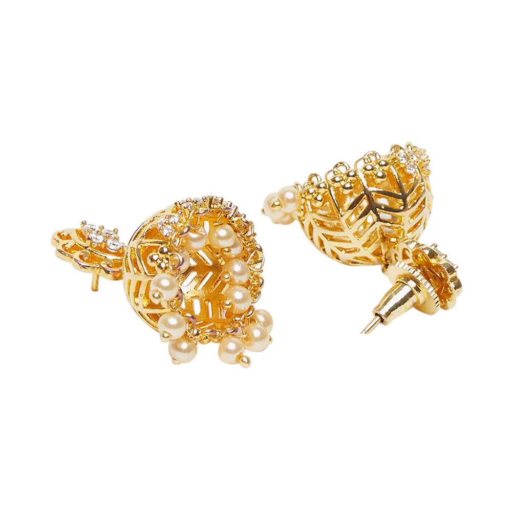 American Diamond CZ Traditional Gold Plated White Brass Jhumka Earrings for Women - Image 4