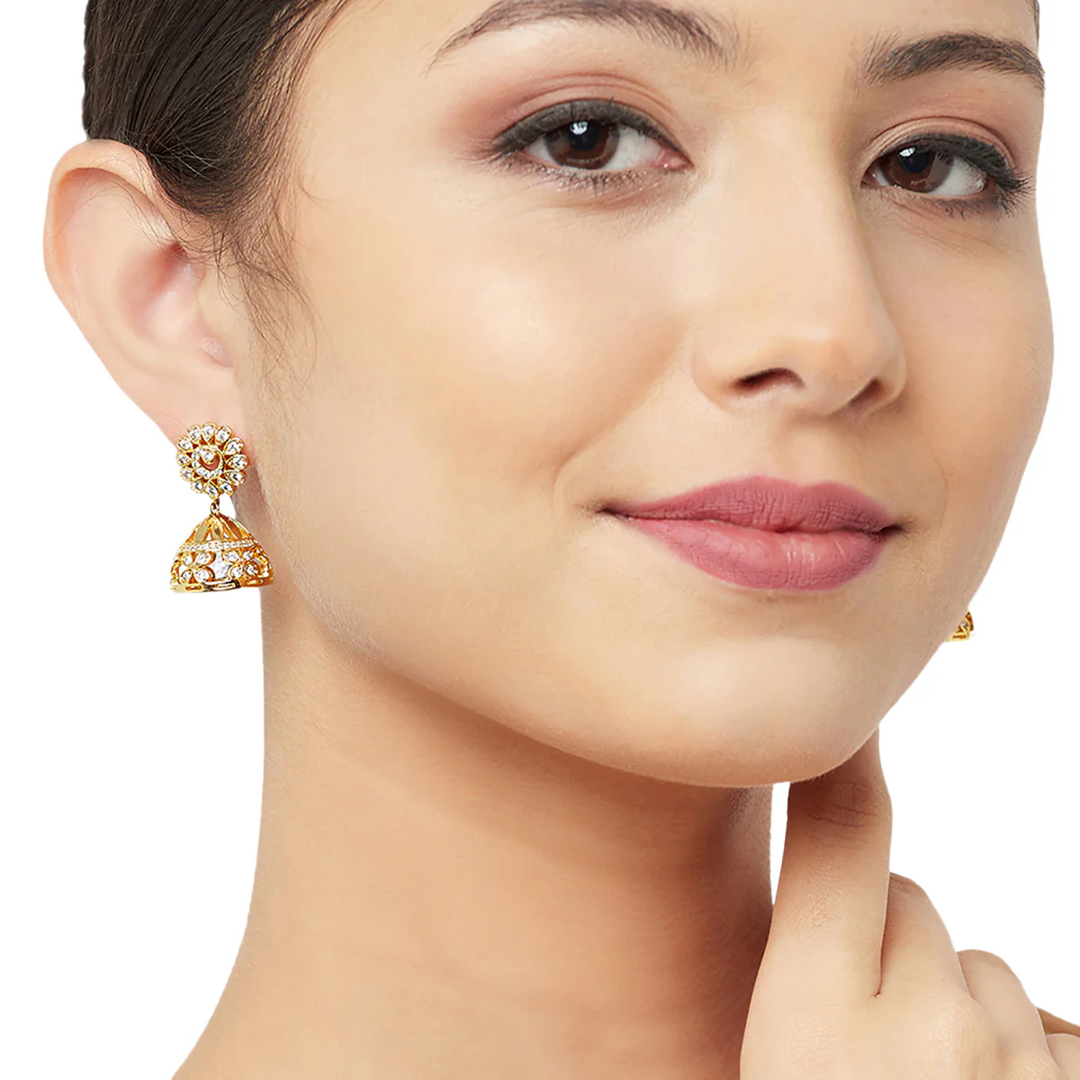 American Diamond CZ Traditional Gold Plated White Brass Jhumka Earrings for Women - Image 2