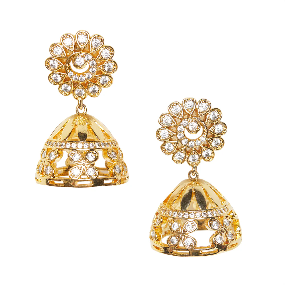 American Diamond CZ Traditional Gold Plated White Brass Jhumka Earrings for Women - Image 3