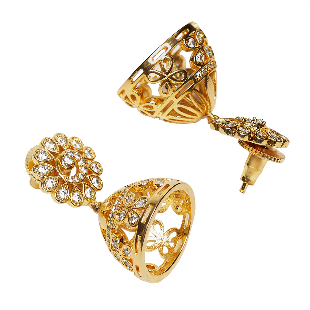 American Diamond CZ Traditional Gold Plated White Brass Jhumka Earrings for Women - Image 4