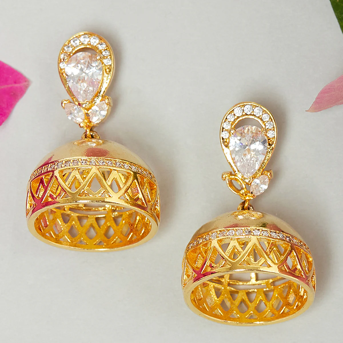CZ Traditional Gold Plated White Jhumka Earrings