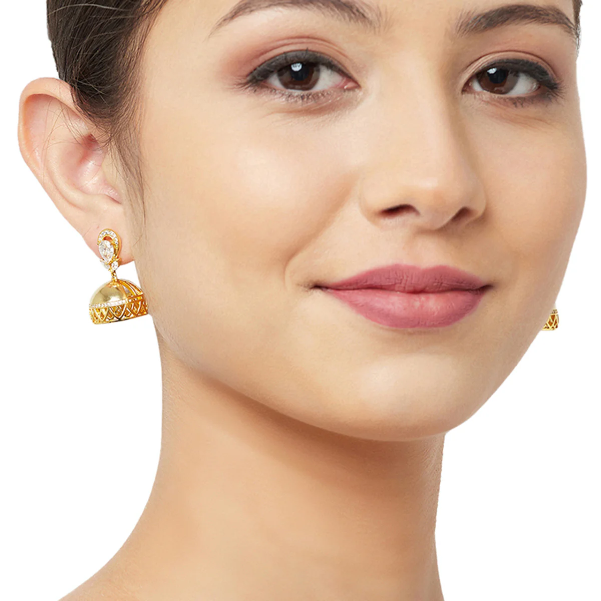 CZ Traditional Gold Plated White Jhumka Earrings - Image 2