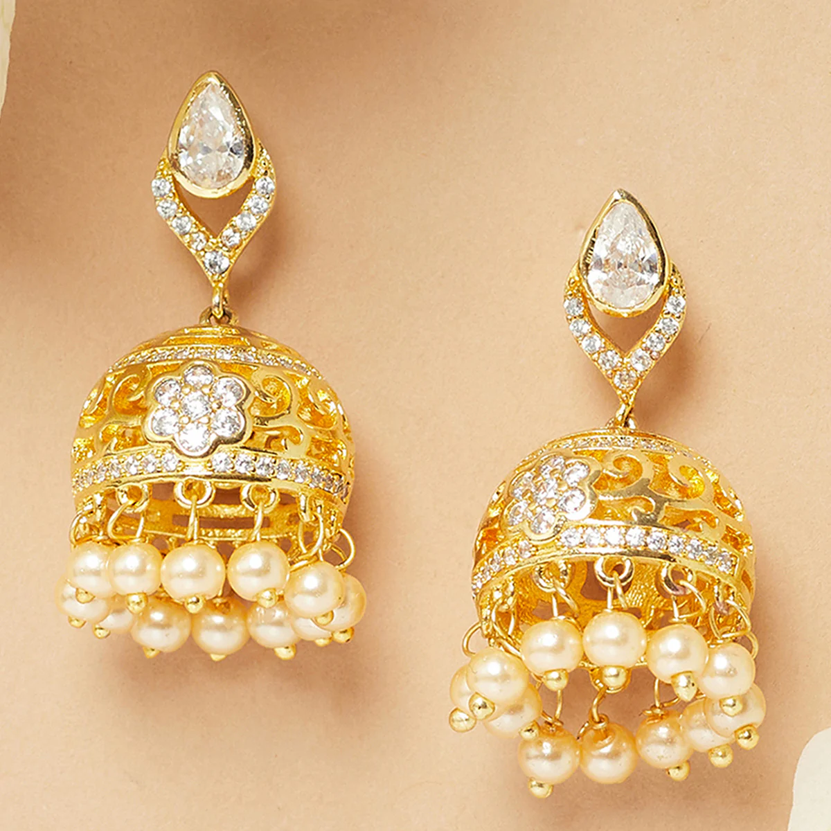American Diamond CZ Traditional Gold Plated White Brass Jhumka Earrings for Women
