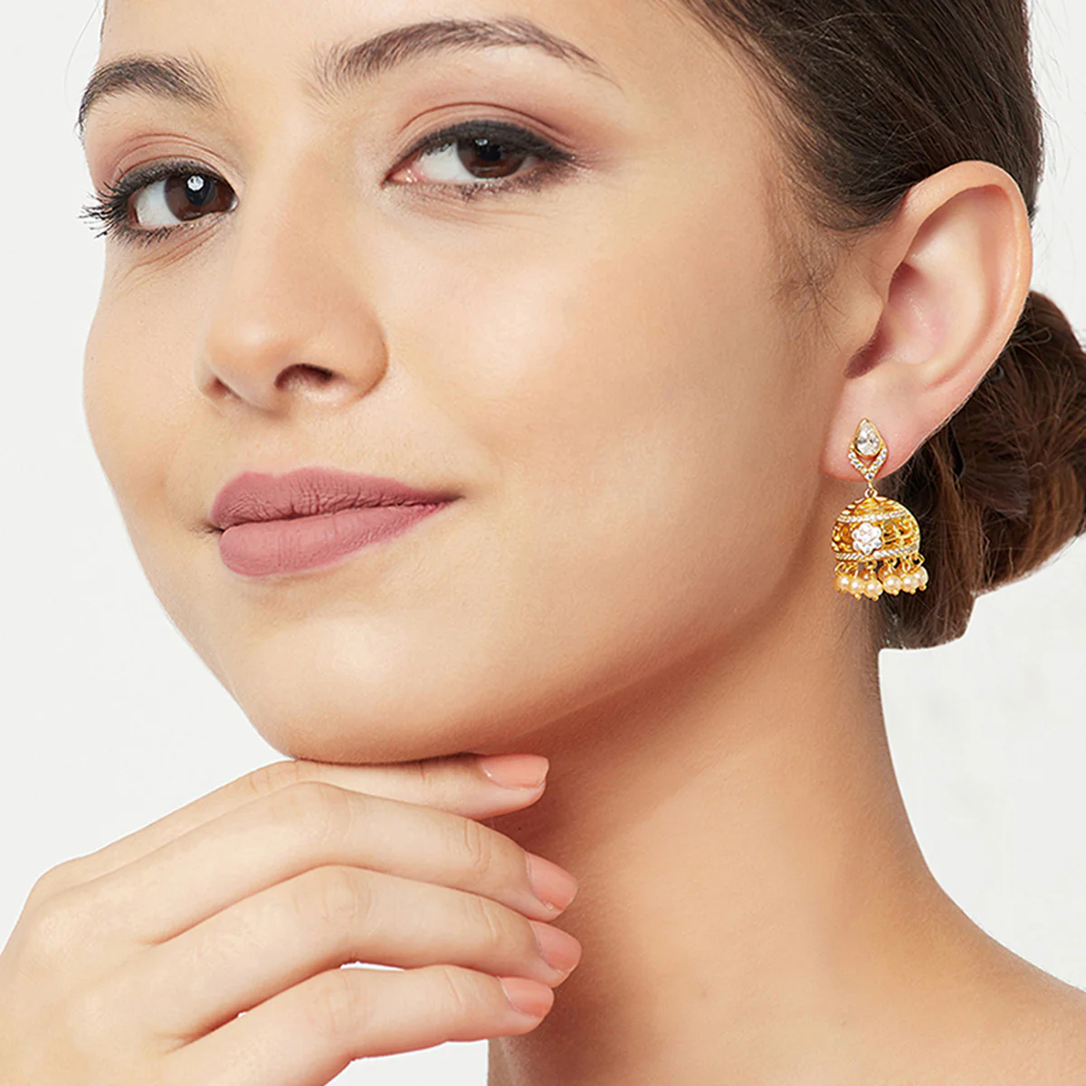 American Diamond CZ Traditional Gold Plated White Brass Jhumka Earrings for Women - Image 2
