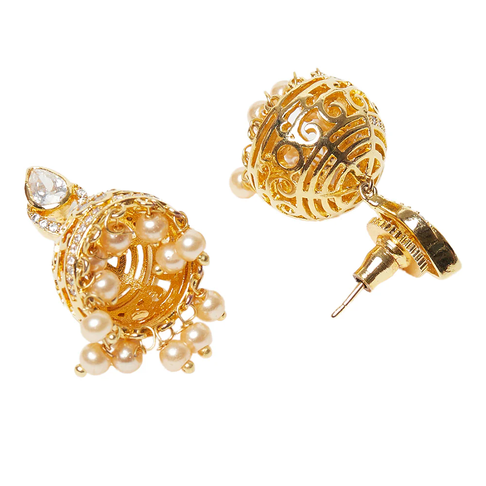 American Diamond CZ Traditional Gold Plated White Brass Jhumka Earrings for Women - Image 4