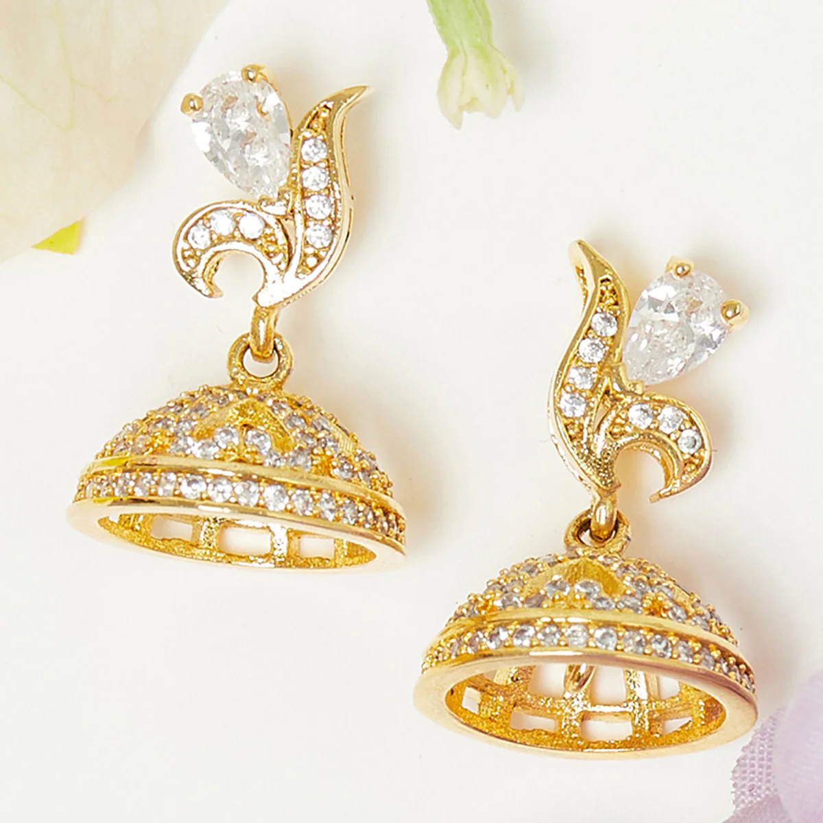 CZ Traditional Gold Plated White Jhumka Earrings