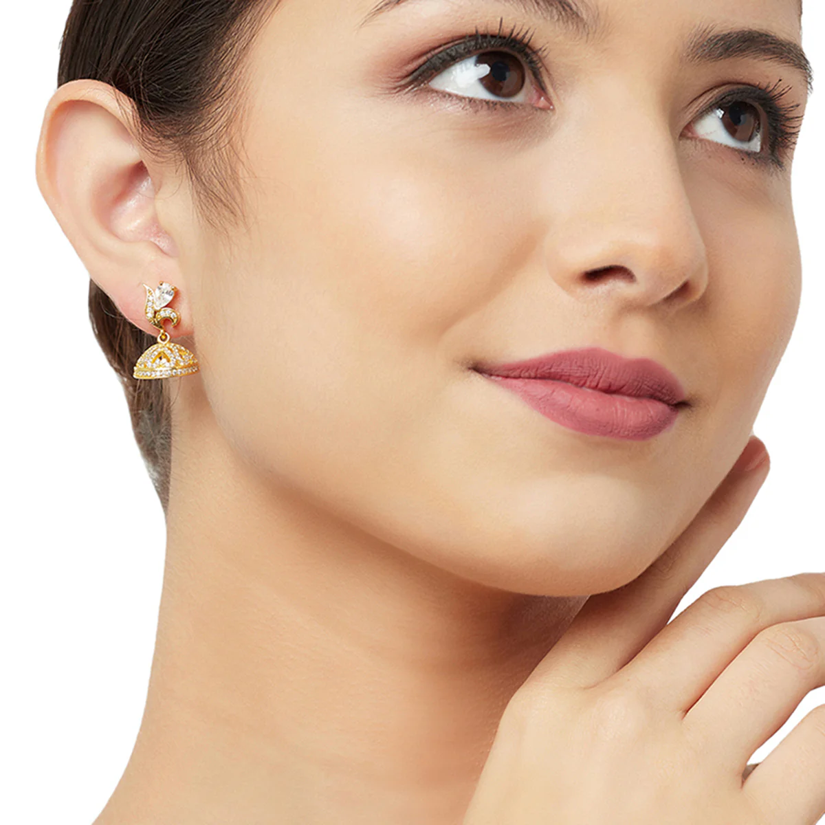 CZ Traditional Gold Plated White Jhumka Earrings - Image 2