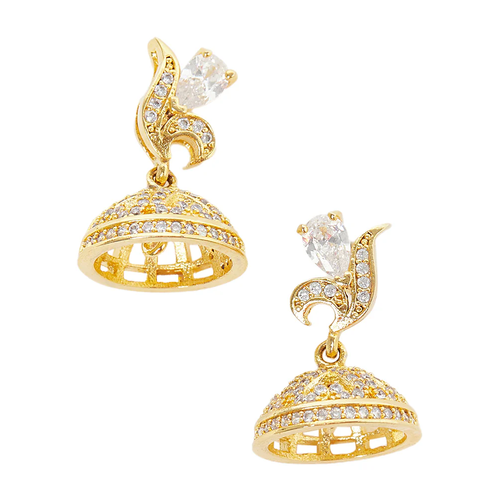 CZ Traditional Gold Plated White Jhumka Earrings - Image 3