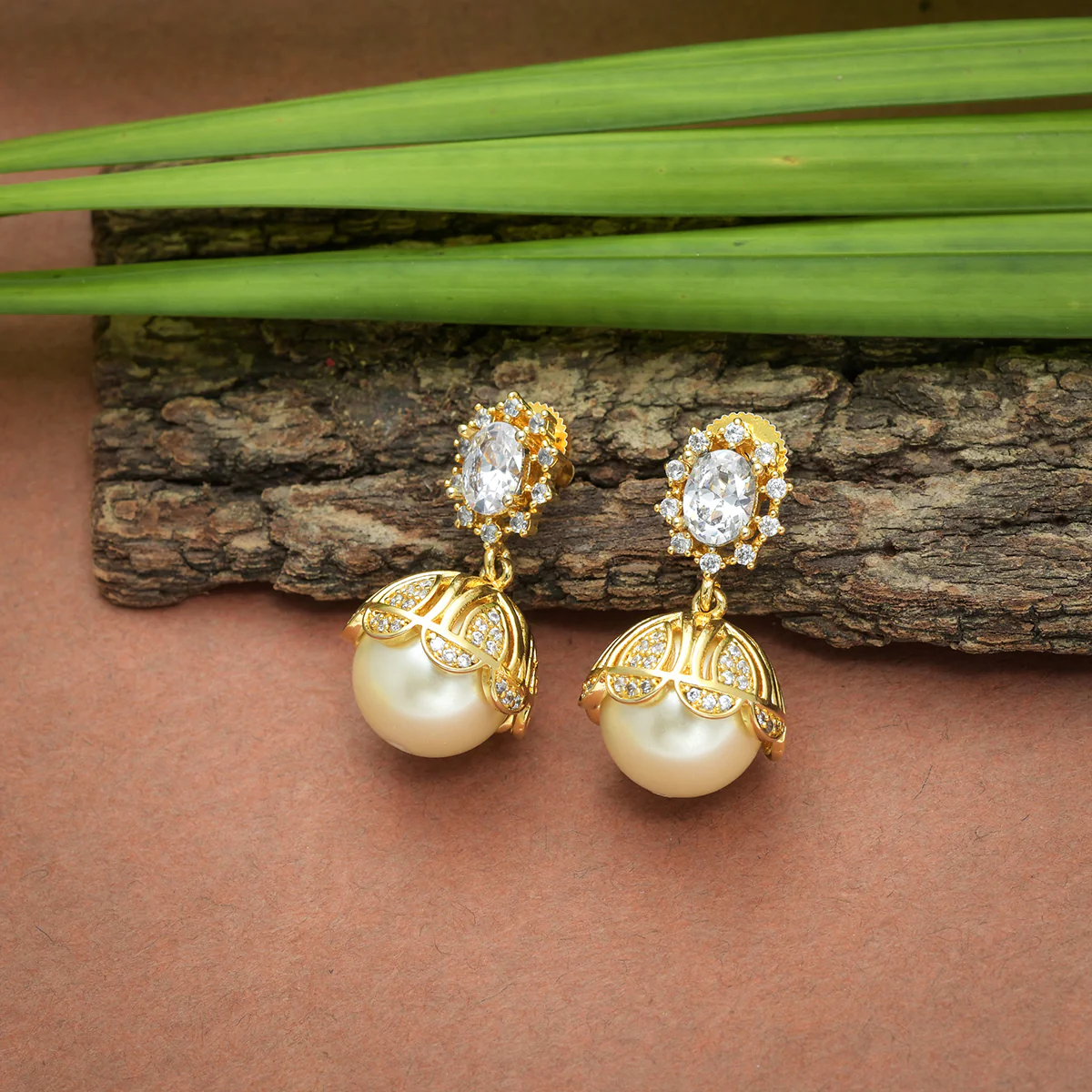 American Diamond CZ Traditional Gold Plated White Brass Jhumka Earrings for Women