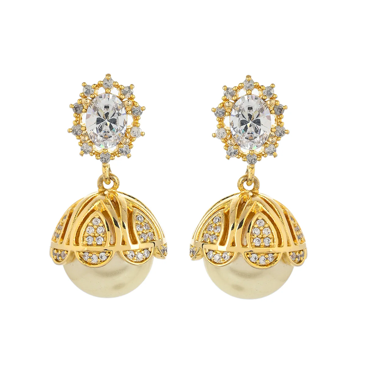 American Diamond CZ Traditional Gold Plated White Brass Jhumka Earrings for Women - Image 3