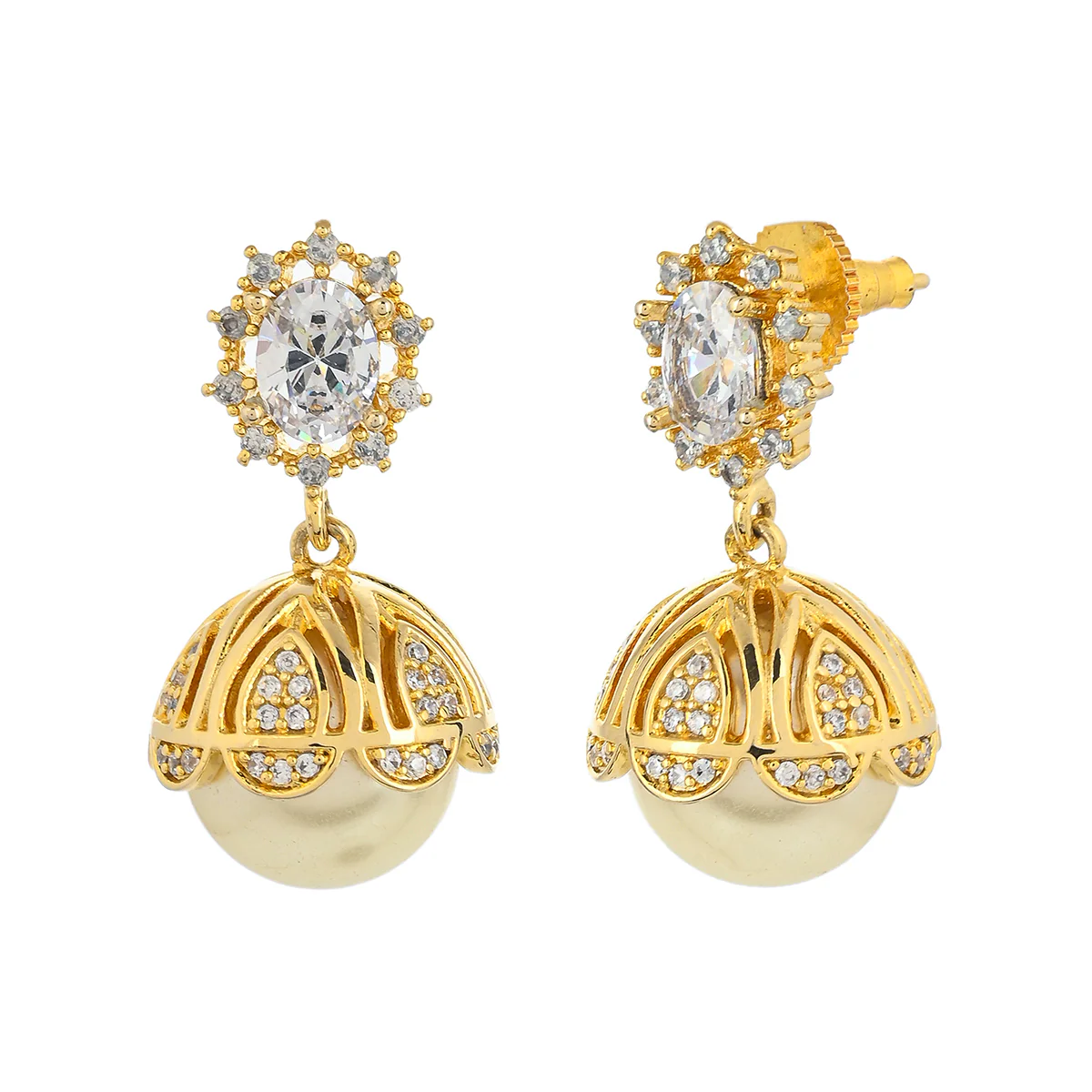 American Diamond CZ Traditional Gold Plated White Brass Jhumka Earrings for Women - Image 4