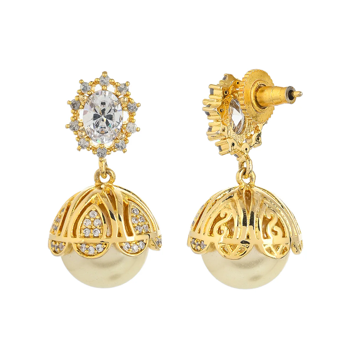 American Diamond CZ Traditional Gold Plated White Brass Jhumka Earrings for Women - Image 5