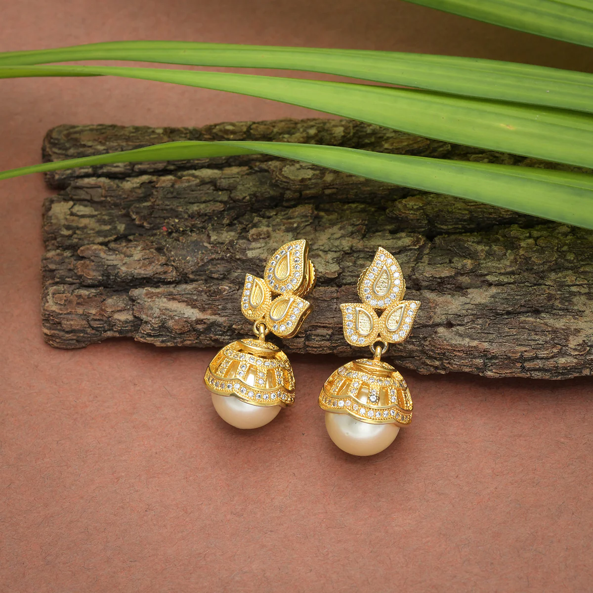 American Diamond CZ Traditional Gold Plated White Brass Jhumka Earrings for Women