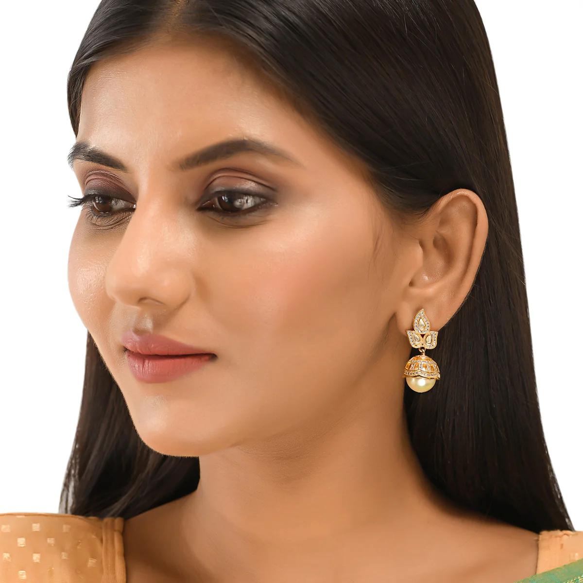 American Diamond CZ Traditional Gold Plated White Brass Jhumka Earrings for Women - Image 2