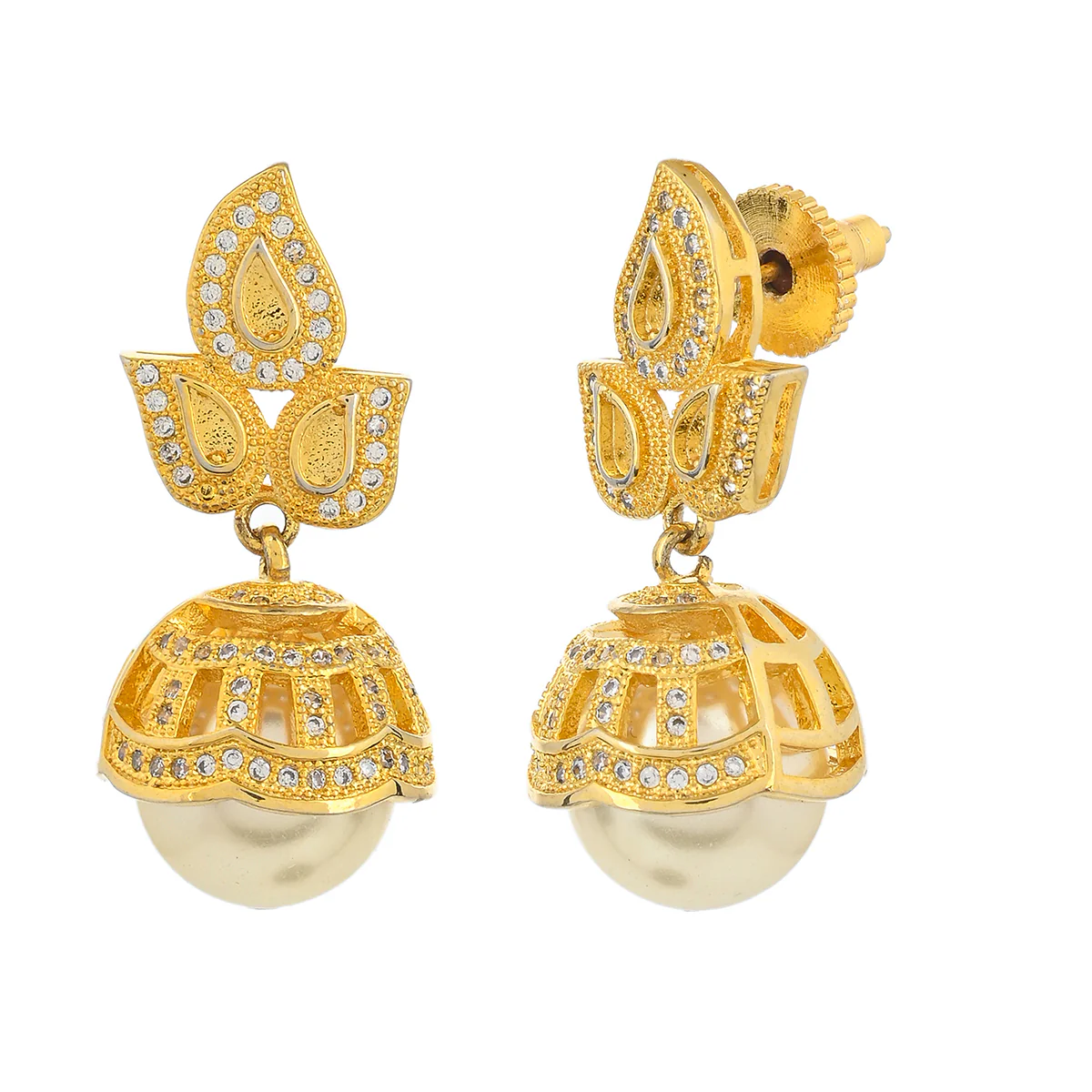 American Diamond CZ Traditional Gold Plated White Brass Jhumka Earrings for Women - Image 4