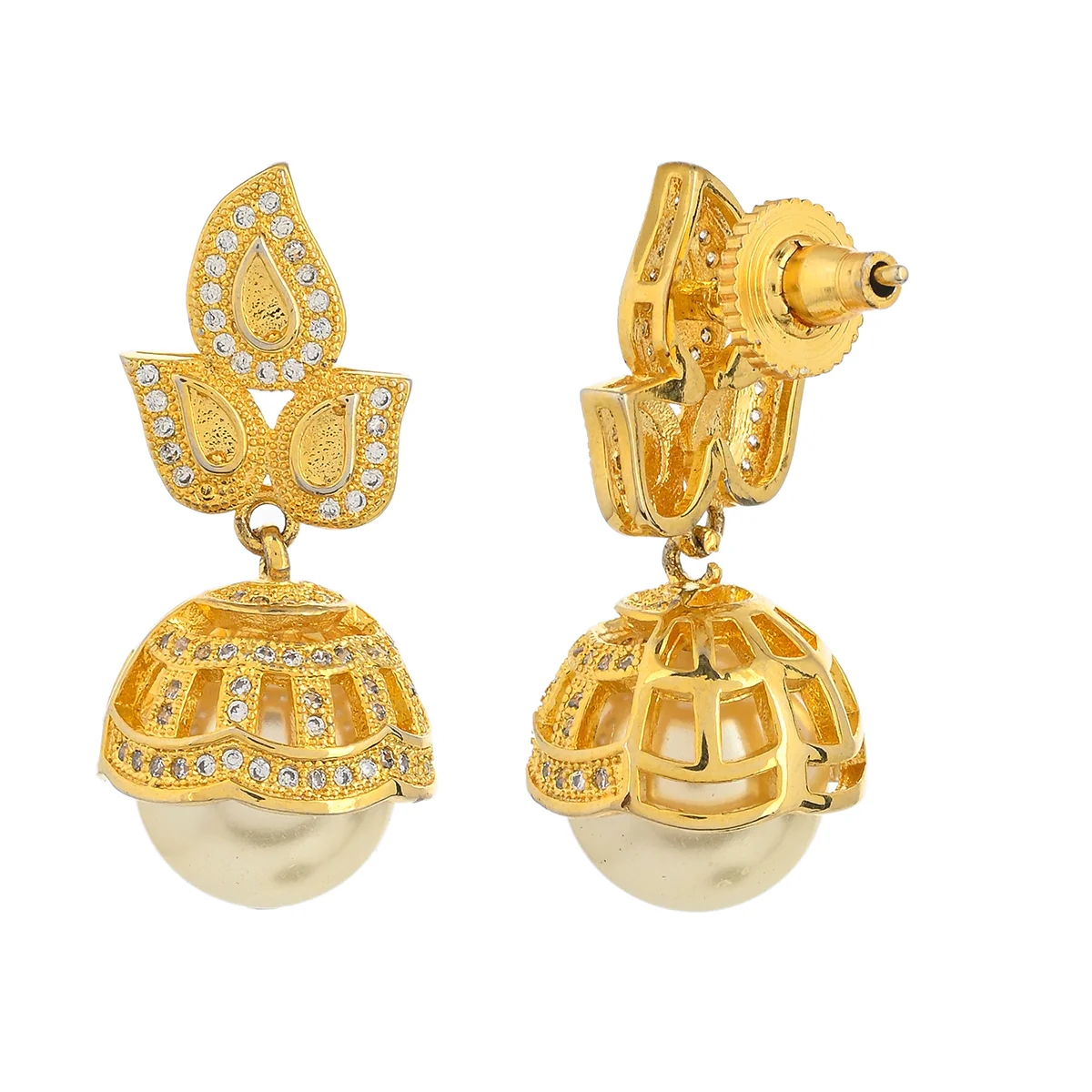 American Diamond CZ Traditional Gold Plated White Brass Jhumka Earrings for Women - Image 5