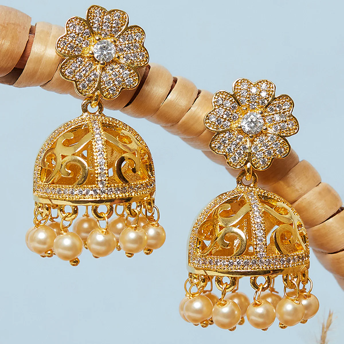 American Diamond CZ Traditional Gold Plated White Brass Jhumka Earrings for Women