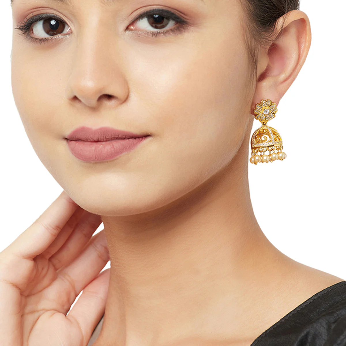 American Diamond CZ Traditional Gold Plated White Brass Jhumka Earrings for Women - Image 2
