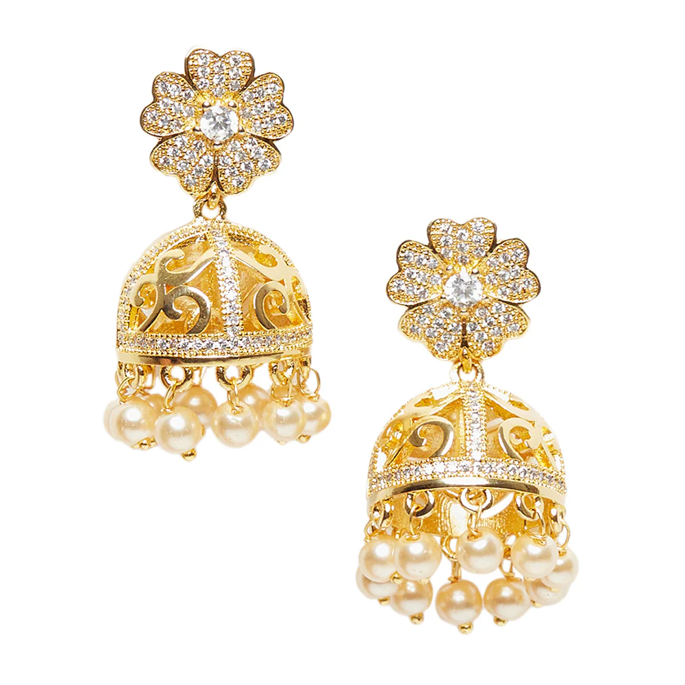 American Diamond CZ Traditional Gold Plated White Brass Jhumka Earrings for Women - Image 3