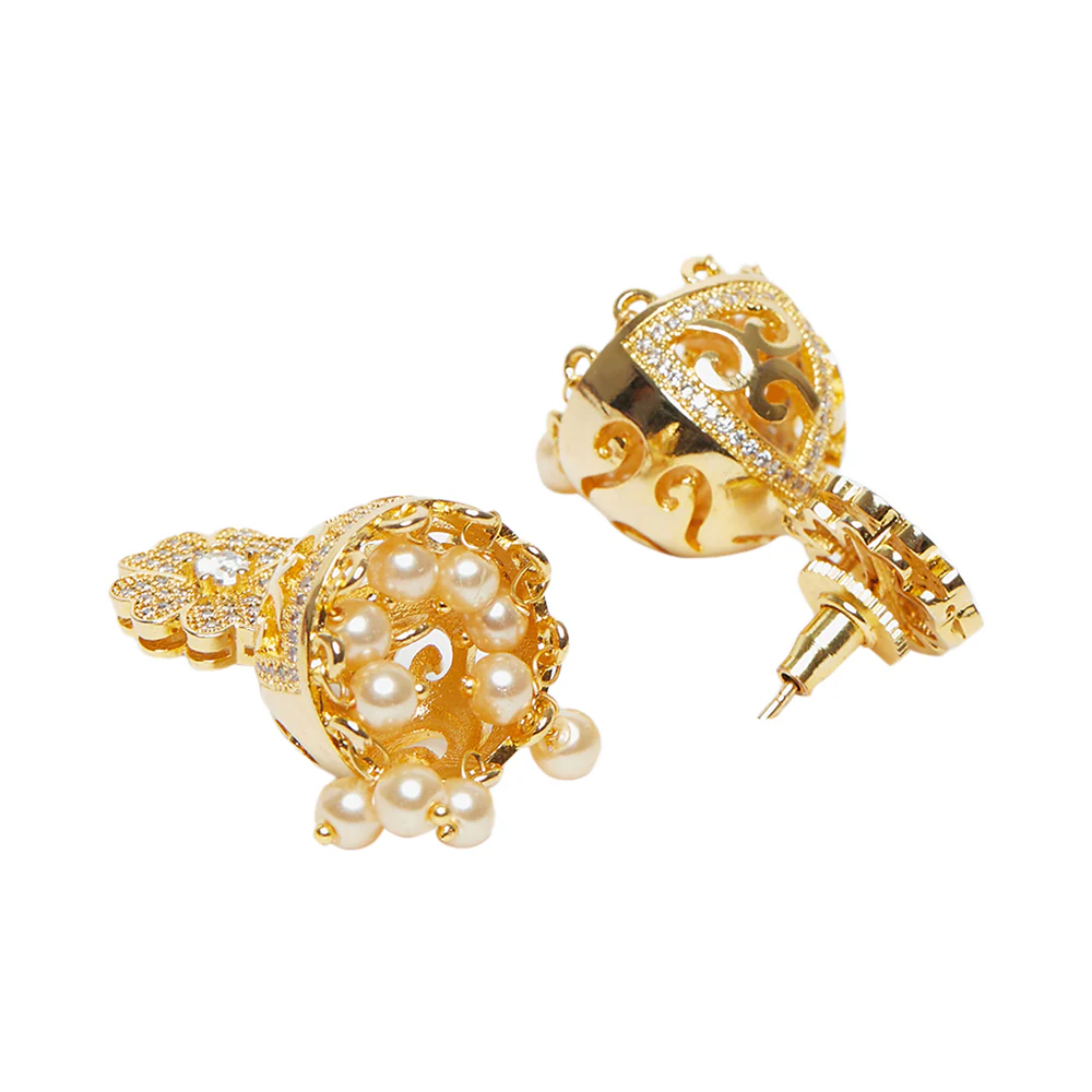 American Diamond CZ Traditional Gold Plated White Brass Jhumka Earrings for Women - Image 4
