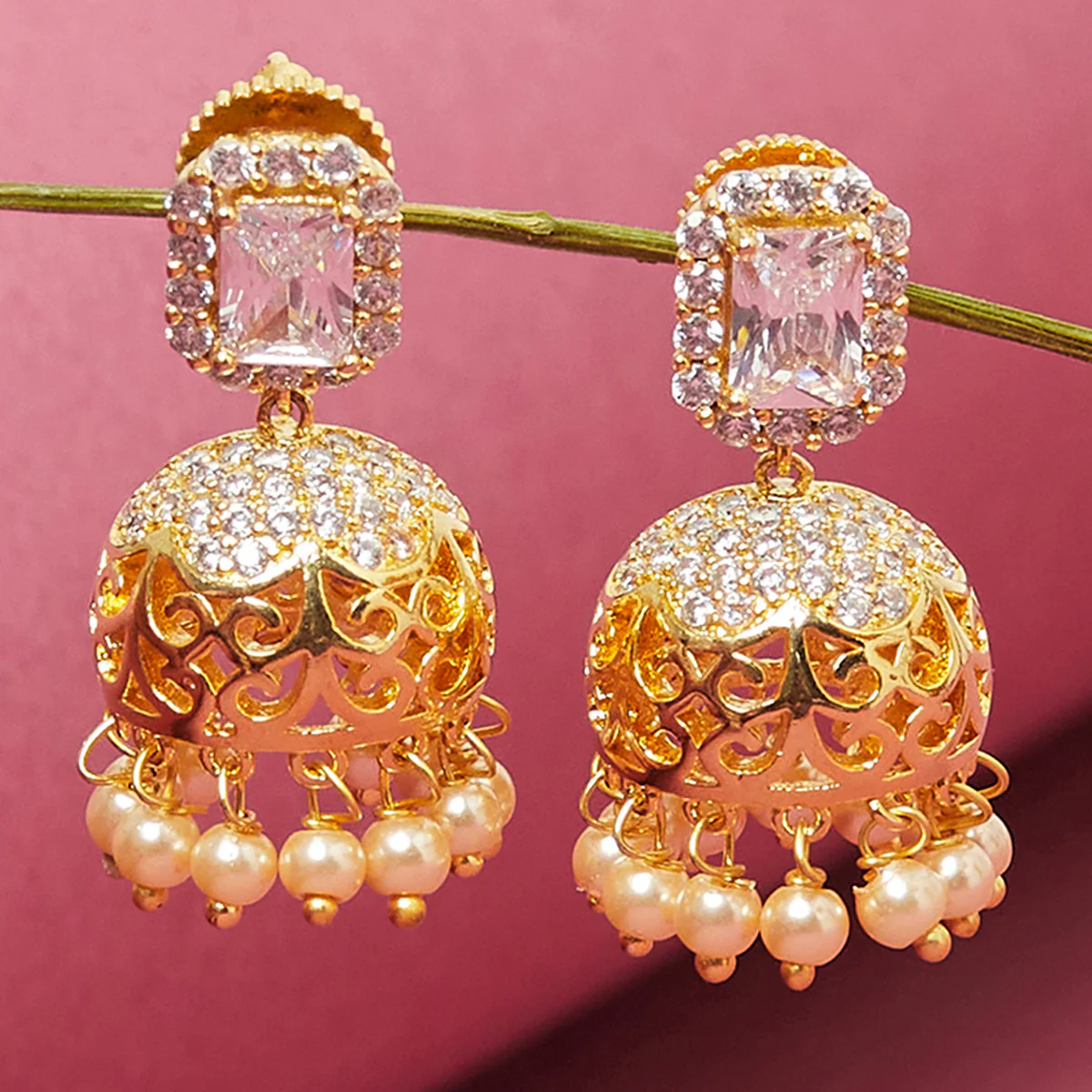 American Diamond CZ Traditional Gold Plated White Brass Jhumka Earrings for Women